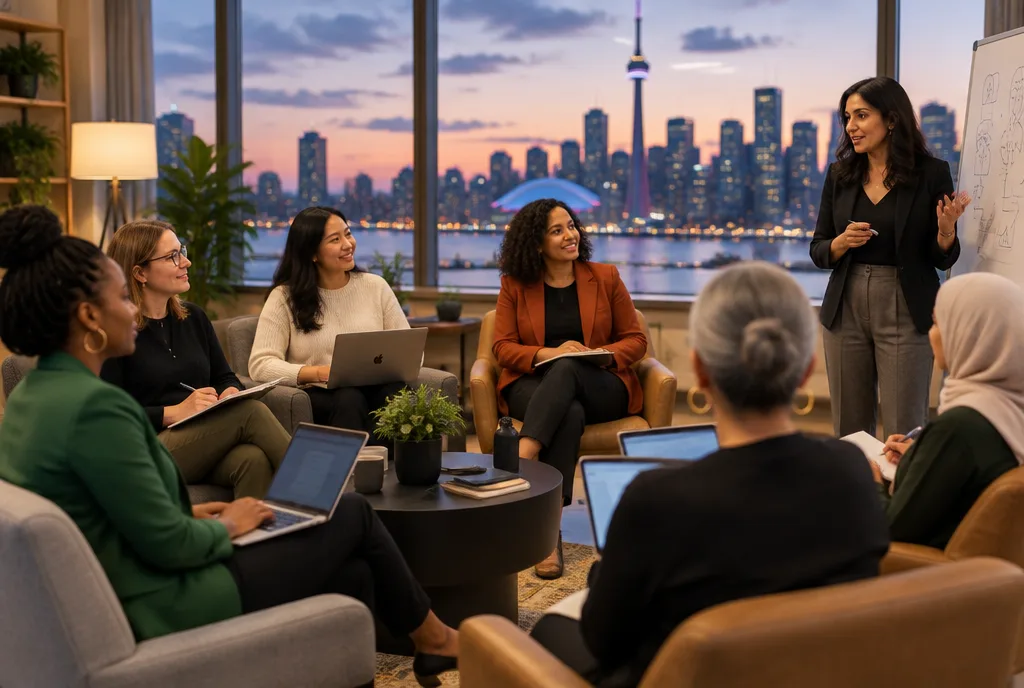A cohort of women leaders in an evening AI session, Toronto skyline behind them