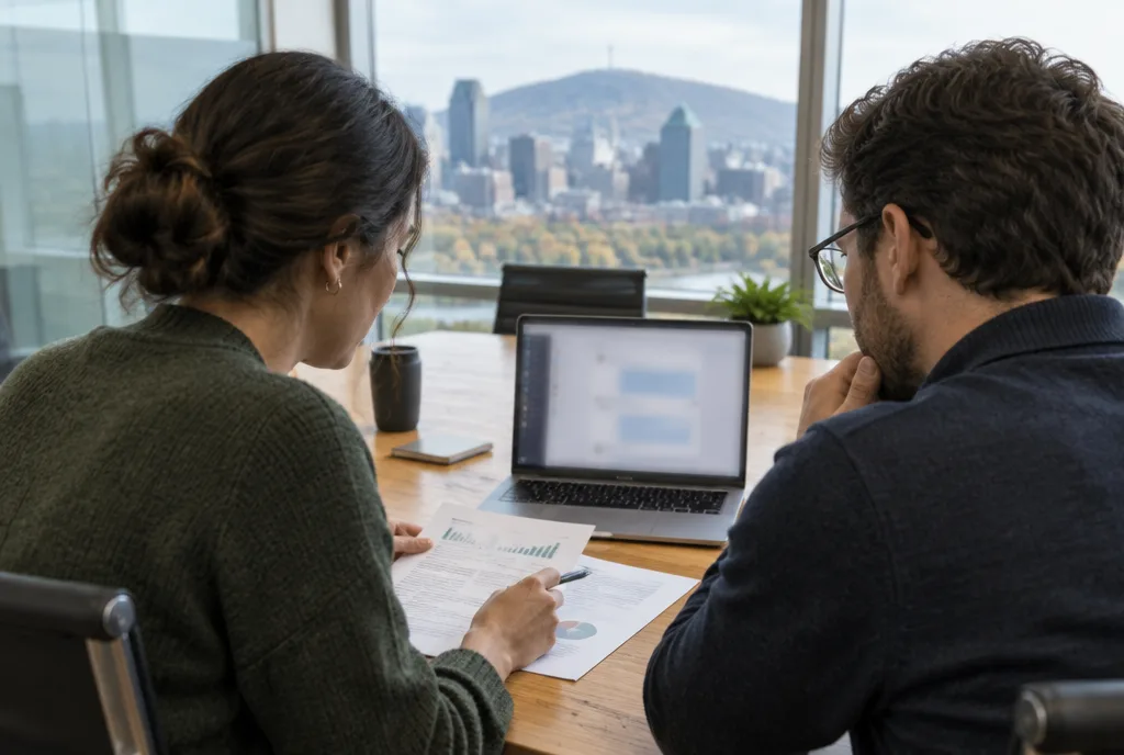 Two colleagues reviewing a document next to an AI assistant on a laptop, Montréal skyline behind them